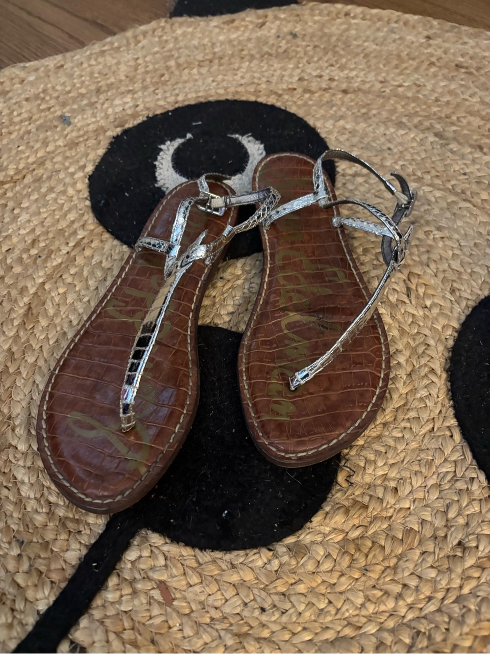 Skechers Silver Metallic T-Strap Croc-Textured Sandals by Sam Edelman